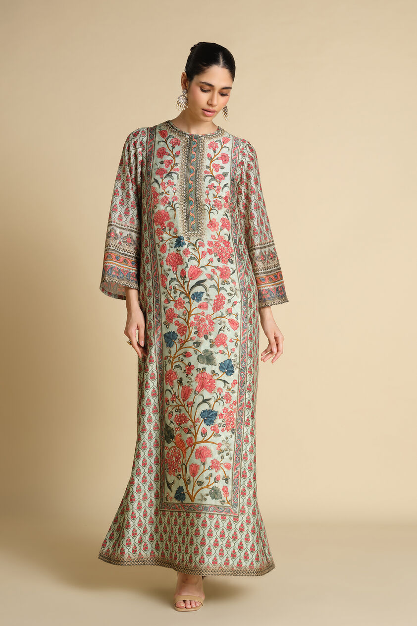 Azza Printed Silk Kaftan - Sage, Sage, image 1